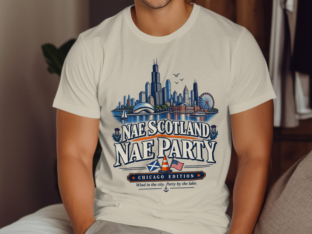 Cream t-shirt with Chicago skyline graphic and "Nae Scotland Nae Party" text.