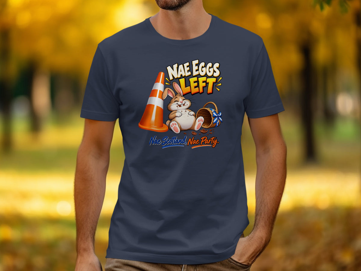Dark blue t-shirt with illustration of a bunny and "Nae Eggs Left" text.