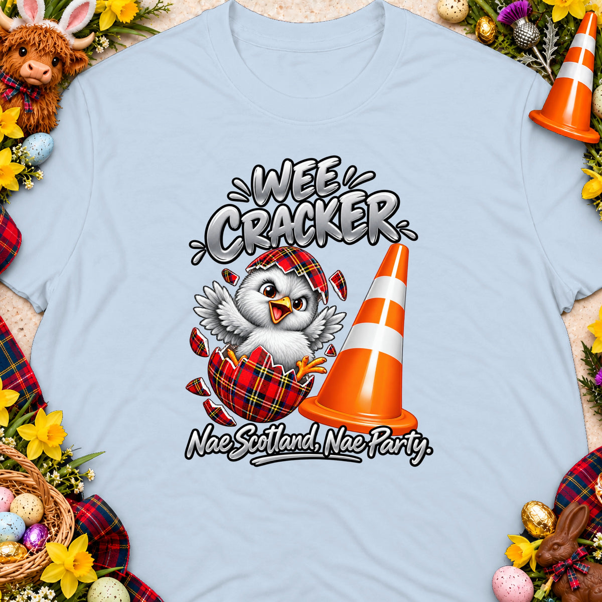 Light blue t-shirt with cartoon chick in tartan eggshell and orange traffic cone.
