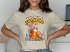 Cartoon bunny with traffic cone and Easter eggs, "Egg Hunt Champion" text.