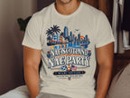 T-shirt with Miami skyline, palm trees, and text "Nae Scotland NAE Party Miami Edition".