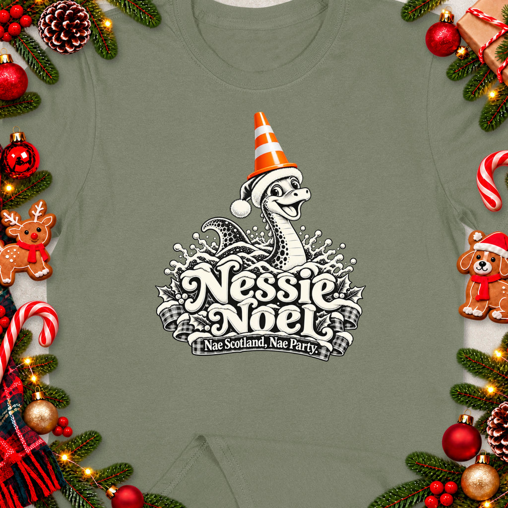 Nessie Noel with a festive hat and saying "Nae Scotland, Nae Party".