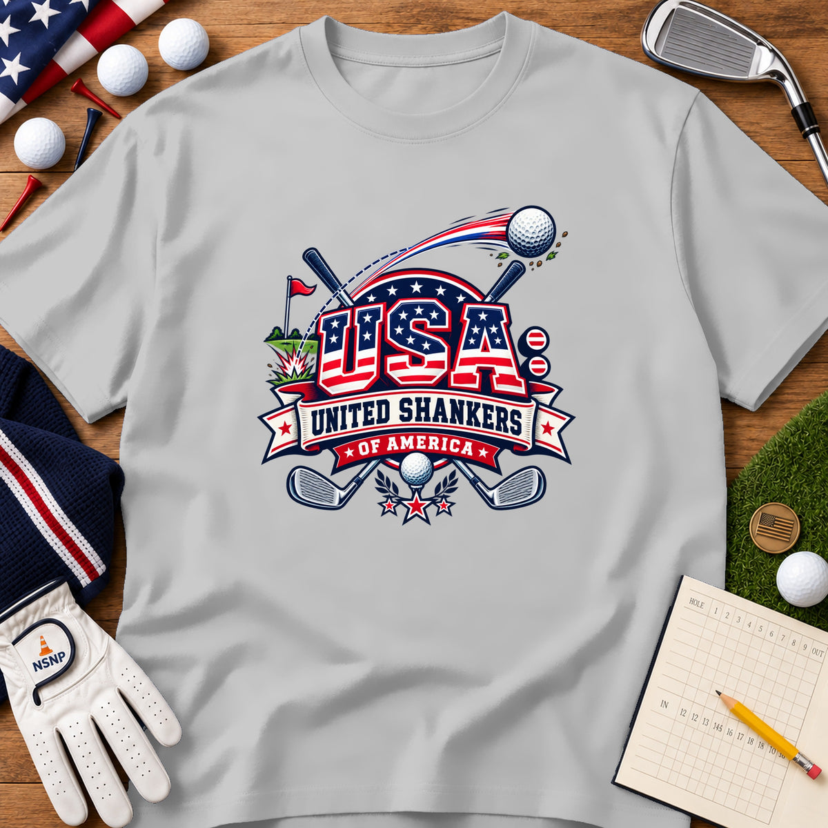 A light gray t-shirt featuring a patriotic golf graphic that reads USA United Shankers of America.