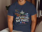 T-shirt graphic with New Orleans scene, jazz band, and text "Nae Scotland Nae Party".
