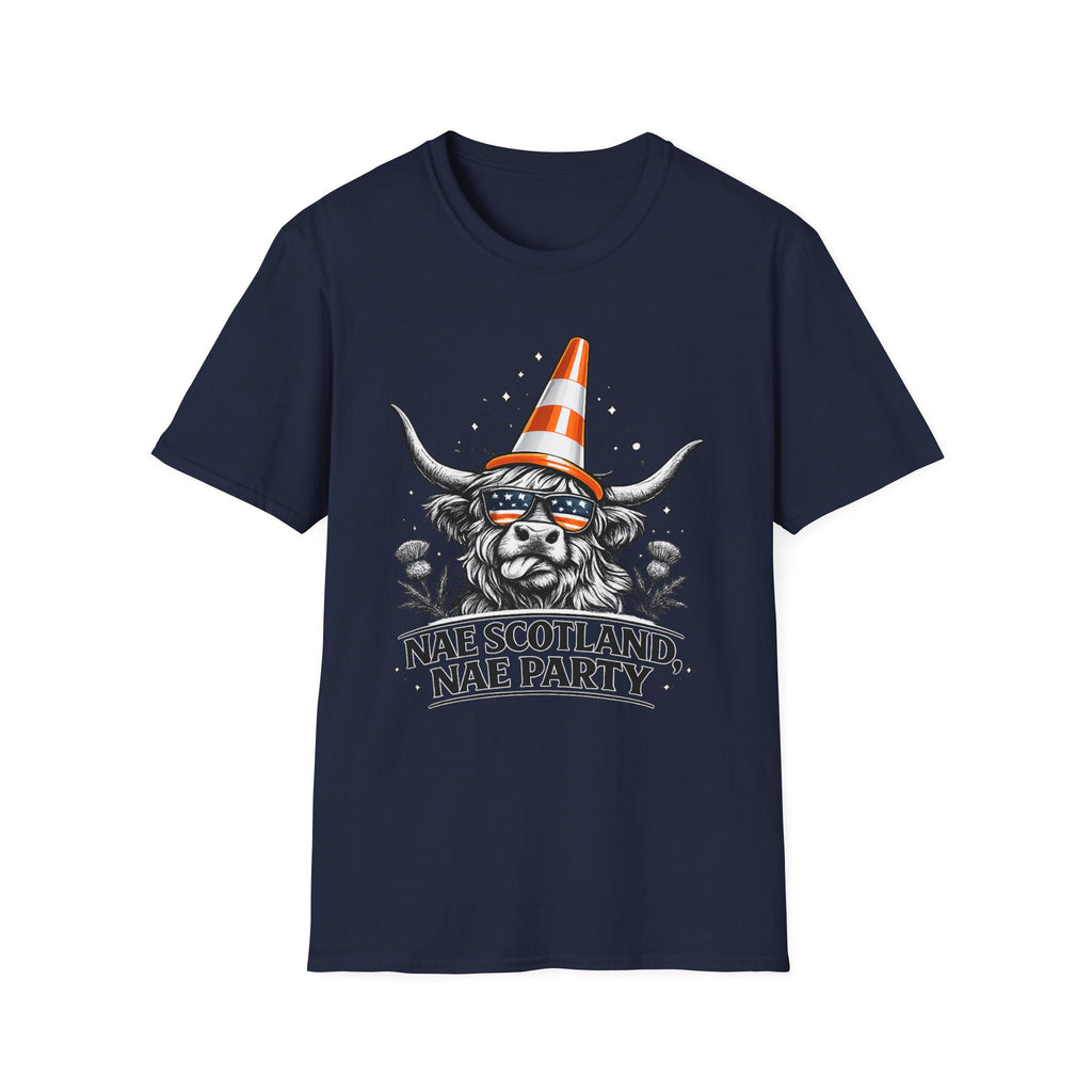 Nae Scotland, Nae Party – Highland Cow Cone T-Shirt