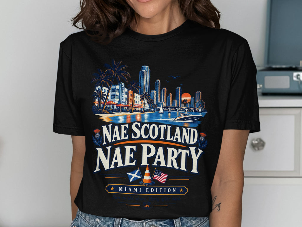 Black t-shirt graphic with Miami skyline, palm trees, boat, and text Nae Scotland Nae Party Miami Edition.