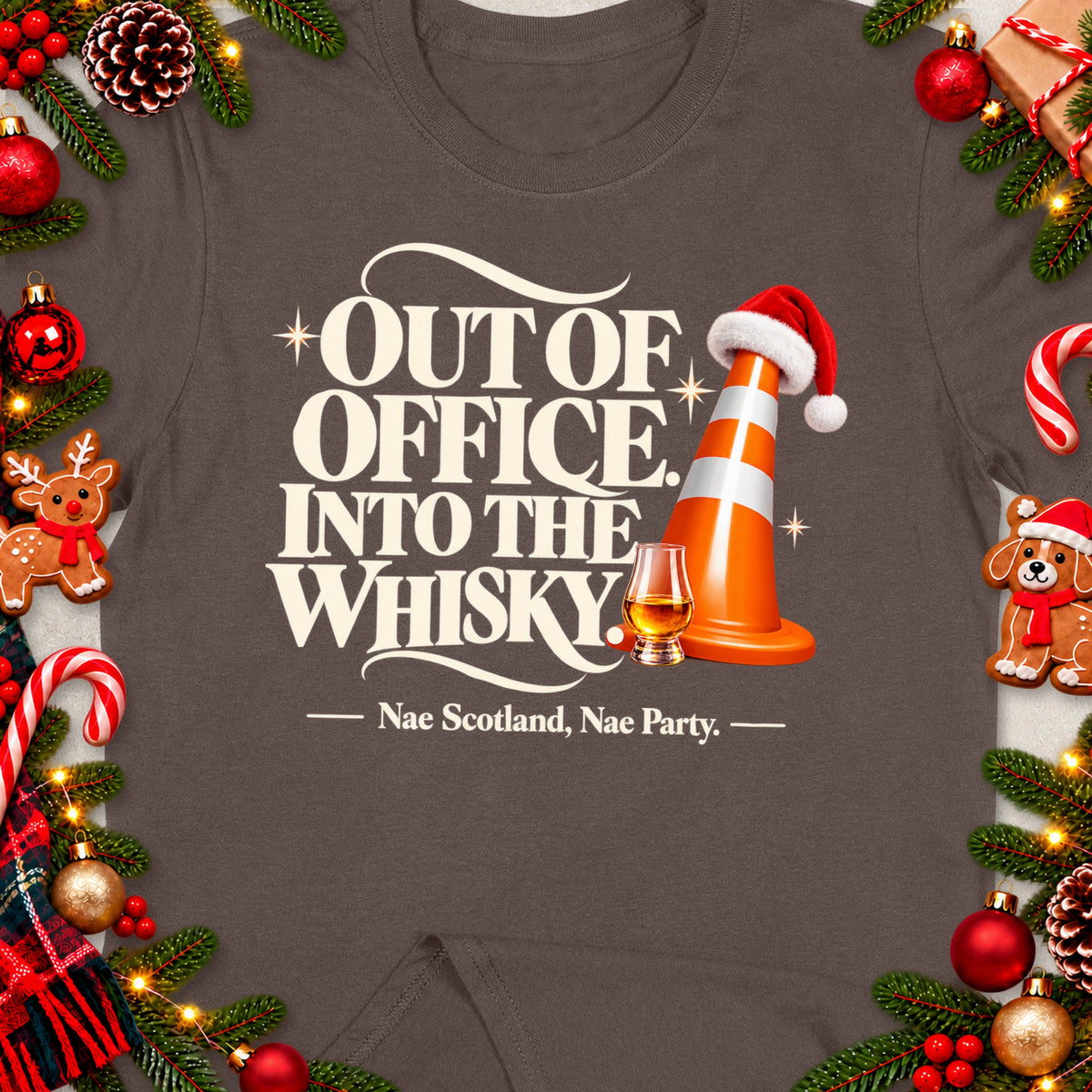 T-shirt with "Out of Office Into the Whisky" text and festive decor.