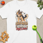 White t-shirt with a German Shepherd graphic and "Shepherd Hair Don't Care" text.