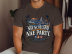 T-shirt with graphic of Los Angeles skyline, palm trees, and text "Nae Scotland Nae Party".