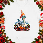 Cartoon Nessie wearing Santa hat and traffic cone with "Nessie Noel" text.