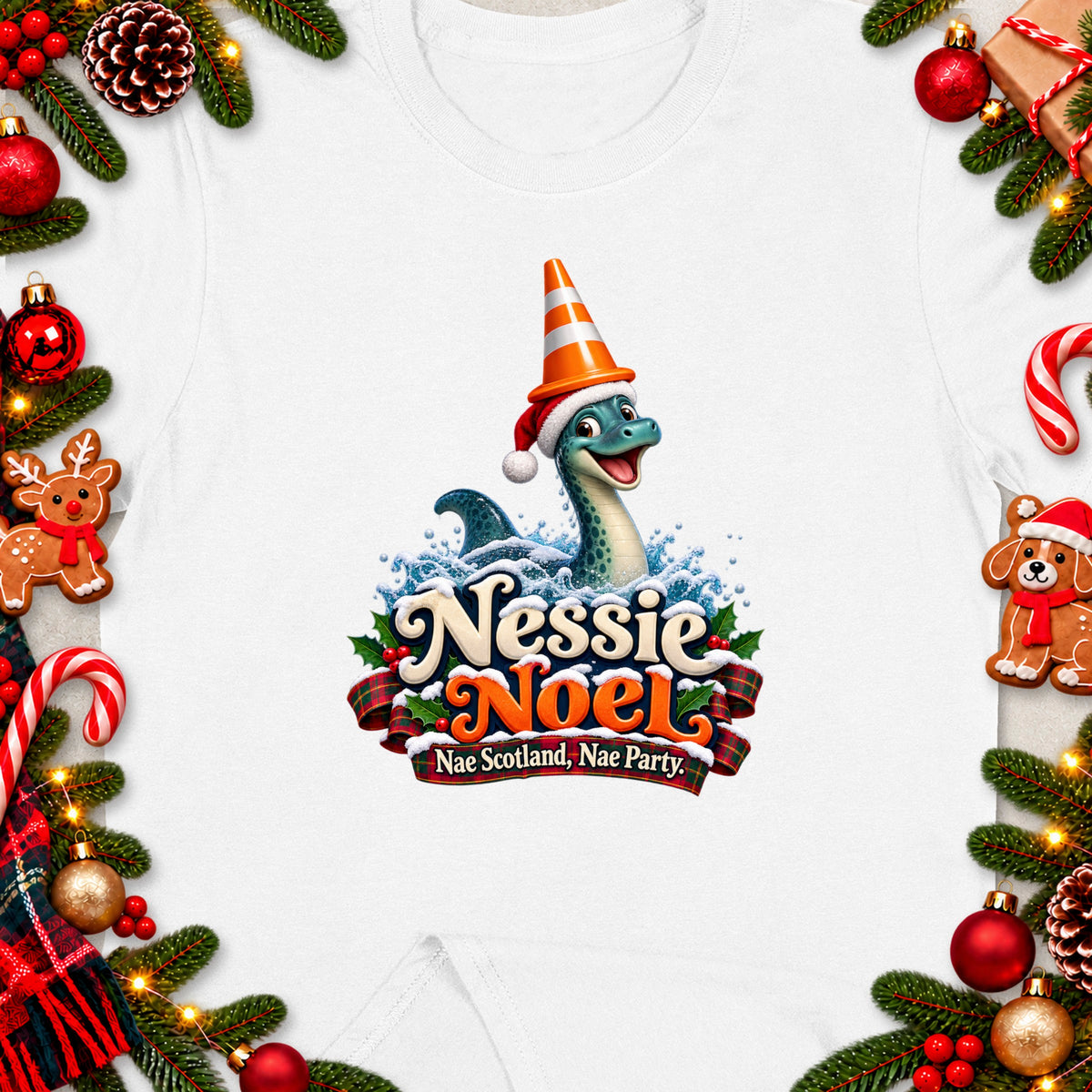 Cartoon Nessie wearing Santa hat and traffic cone with "Nessie Noel" text.