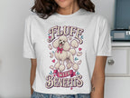 White t-shirt with cartoon poodle and text "FLUFF WITH BENEFITS".