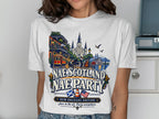 T-shirt with New Orleans jazz scene, streetcar, cathedral, and text "Nae Scotland Nae Party".