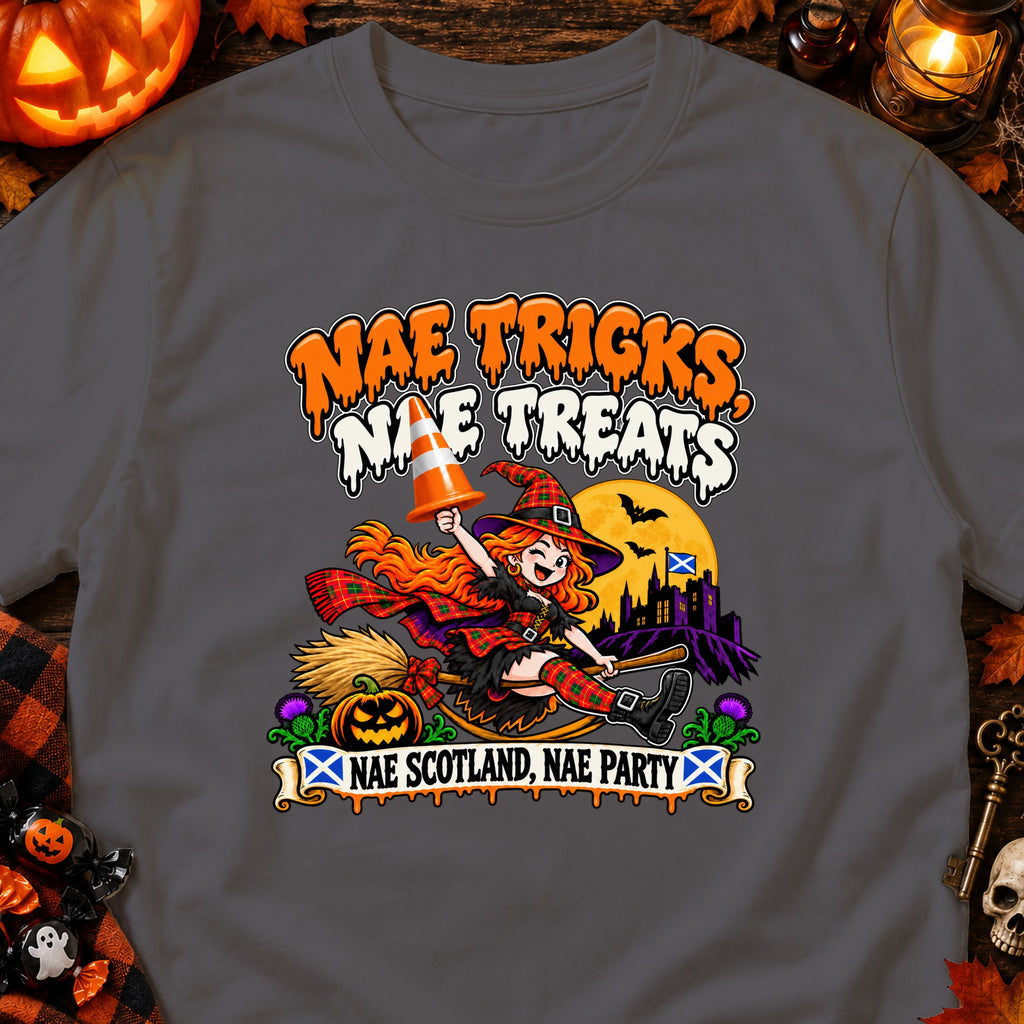Cartoon witch with orange hair on broomstick, "Nae Tricks Nae Treats" text, Scotland flag.