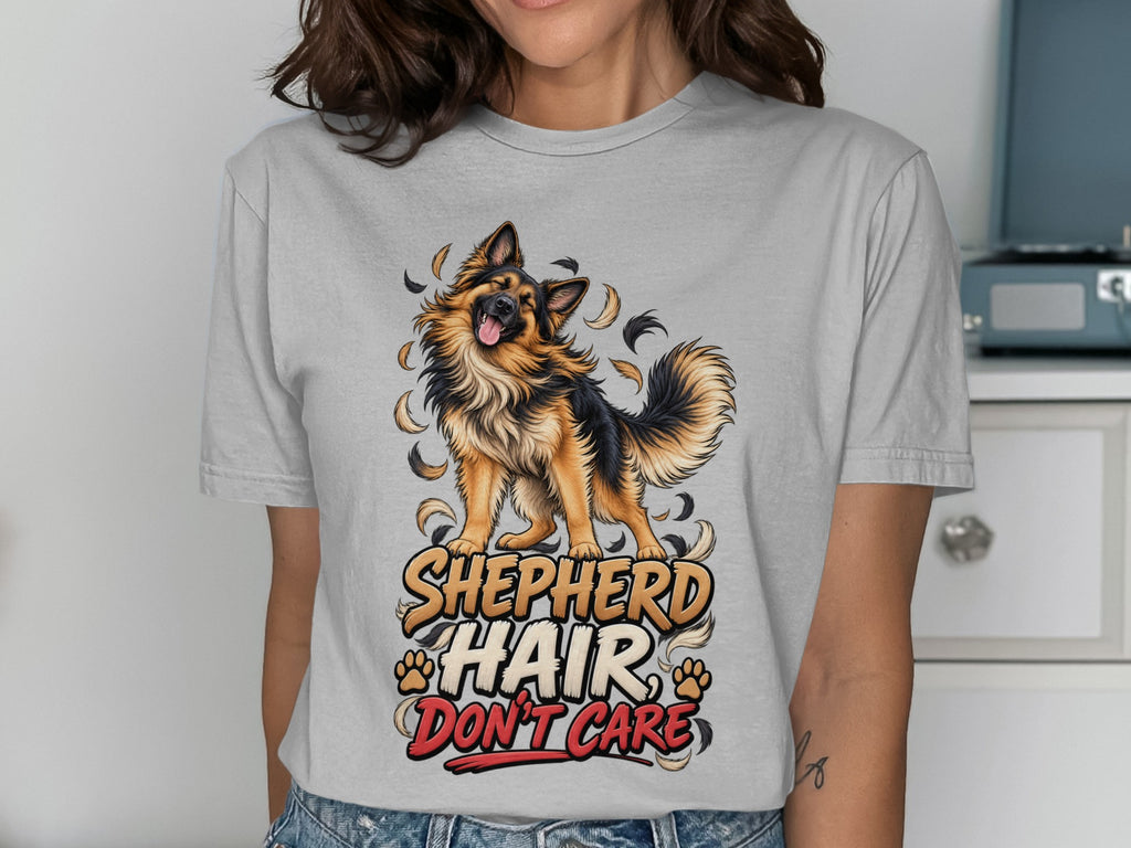 German Shepherd with "Shepherd Hair Don't Care" text on a gray t-shirt.