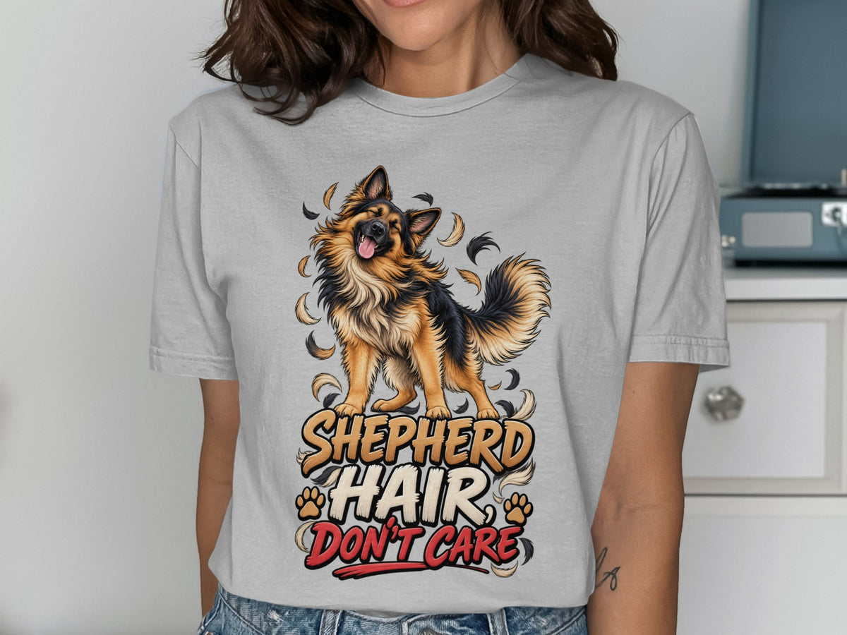German Shepherd with "Shepherd Hair Don't Care" text on a gray t-shirt.