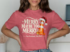 T-shirt with "Merry Maybe Too Merry" text, a traffic cone, and a glass of whiskey.
