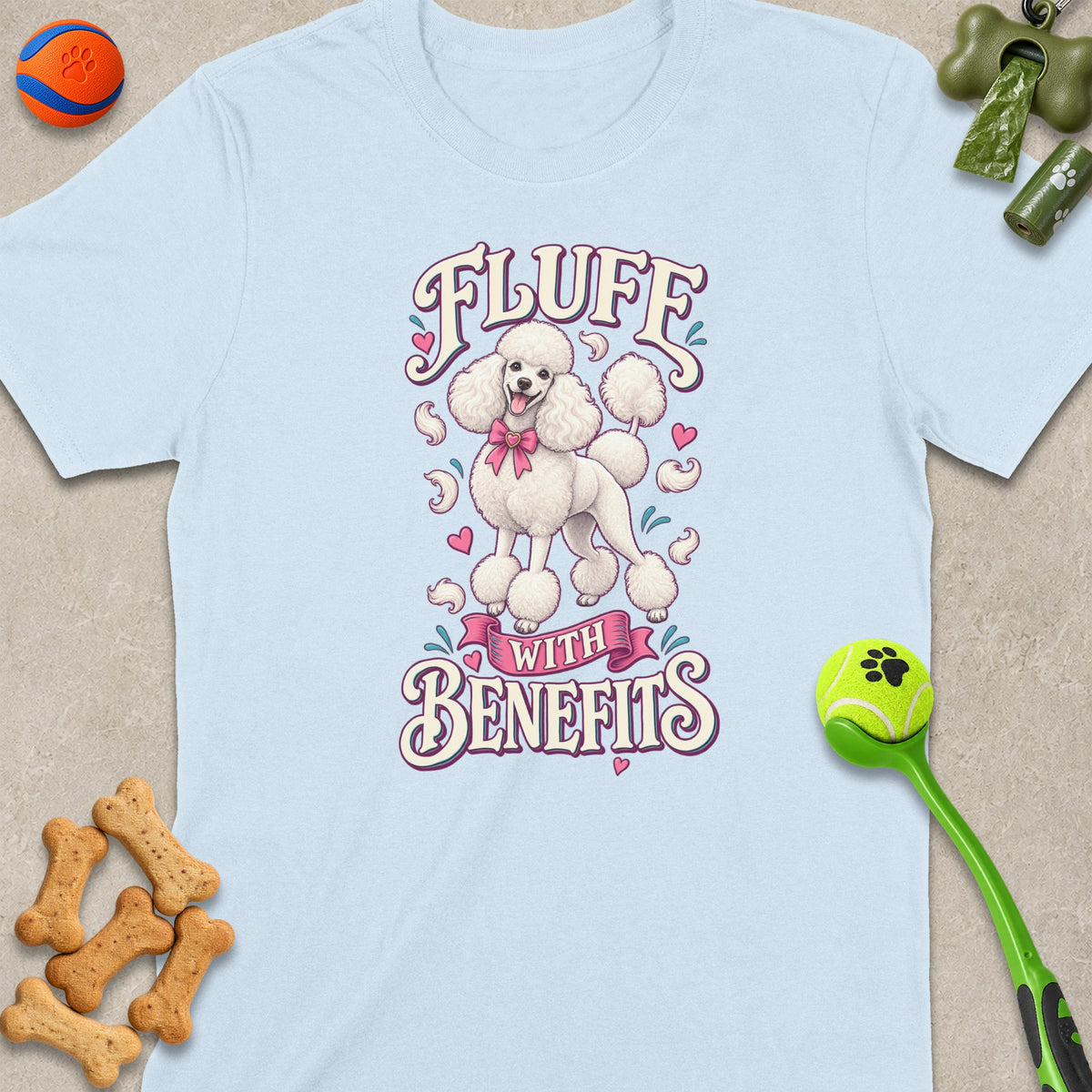Light blue t-shirt with poodle illustration and text "Fluff With Benefits".