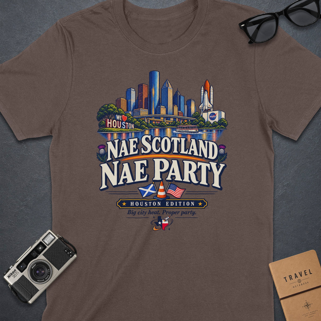 Brown t-shirt with "Nae Scotland Nae Party" and Houston skyline graphic.