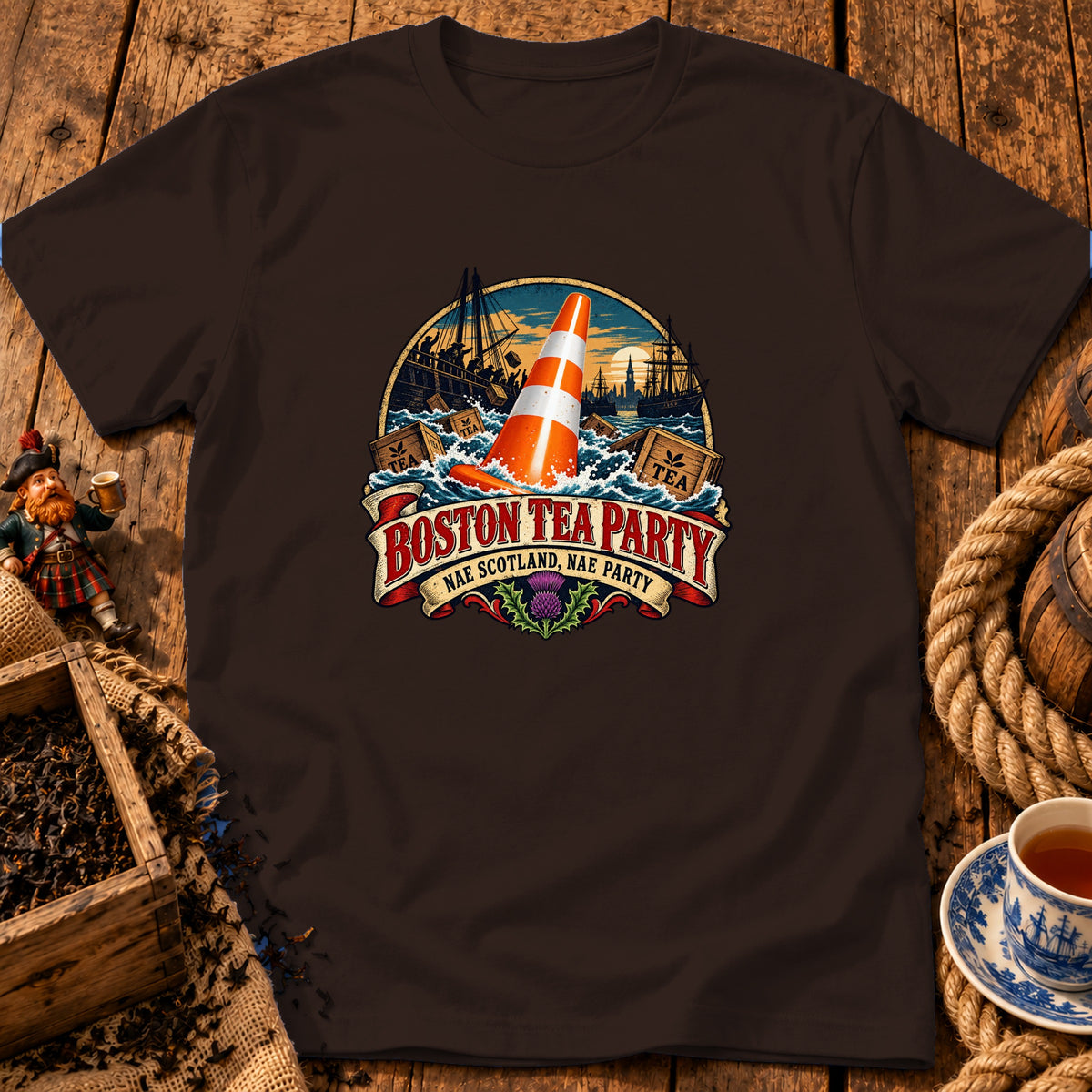 A dark brown t-shirt featuring a graphic print of a traffic cone in the ocean with tea crates and sailing ships, and the text "Boston Tea Party, Nae Scotland, Nae Party".