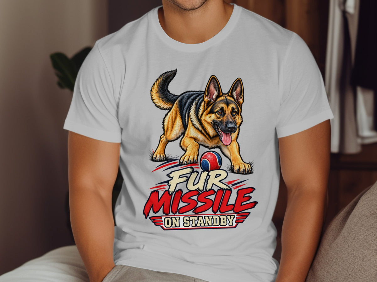 German Shepherd with ball and text "Fur Missile On Standby" on t-shirt.