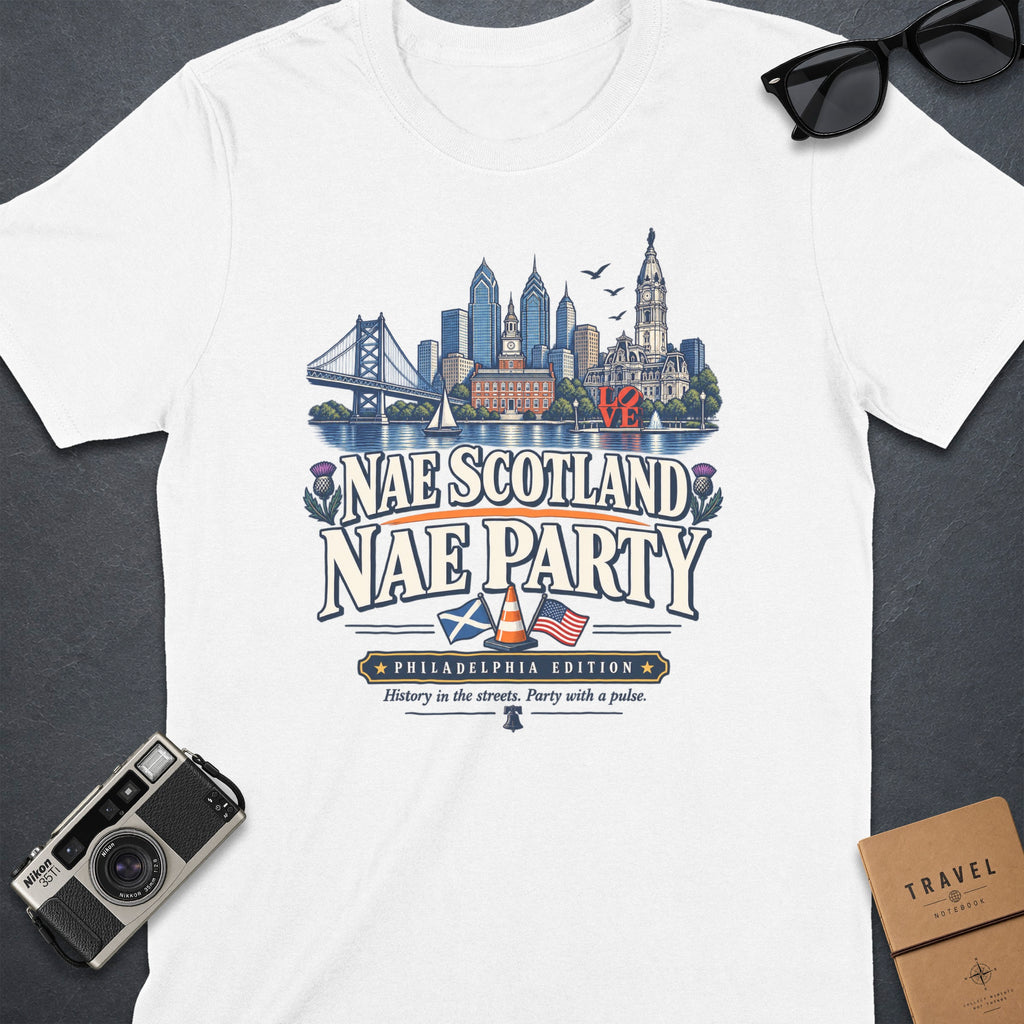 White t-shirt with Philadelphia skyline, "Nae Scotland Nae Party" text, and Philadelphia edition subtitle.