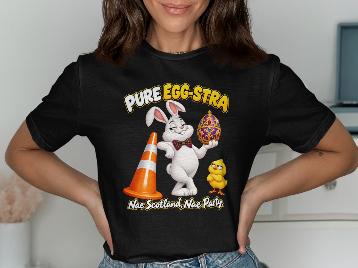 Easter-themed graphic with bunny, chick, traffic cone, and egg. Text: "PURE EGG-STRA Nae Scotland, Nae Party."