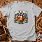 Light grey t-shirt featuring a humorous graphic of a traffic cone drinking tea amidst wooden tea crates.