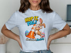 Easter bunny holding traffic cone, with text "Hop It, Pal!" and "Nae Scotland, Nae Party".