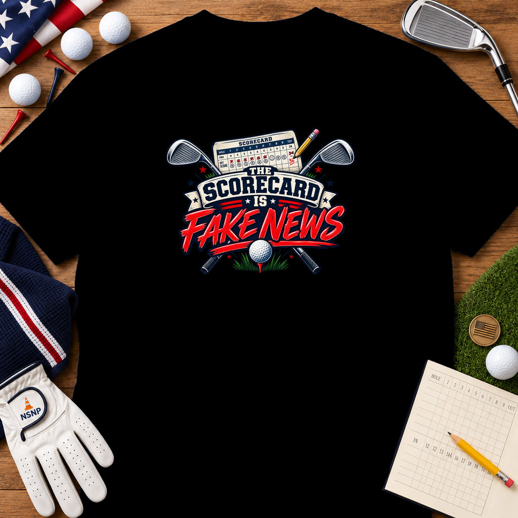 Black t-shirt featuring a golf graphic with crossed clubs, a scorecard, and the text The Scorecard Is Fake News.