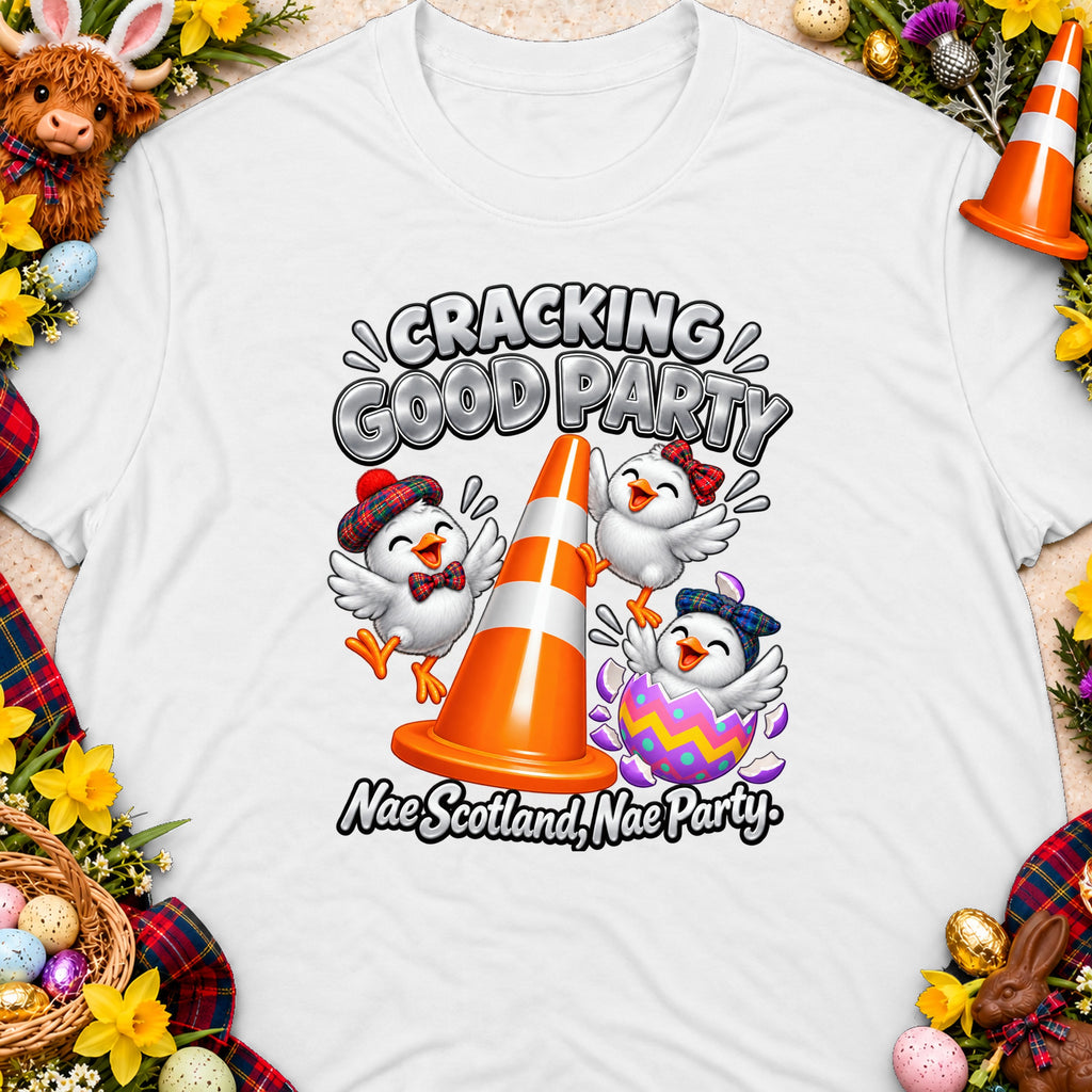 Cracking Good Party t-shirt with chicks, traffic cone, and Easter elements.