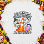 Cracking Good Party t-shirt with chicks, traffic cone, and Easter elements.