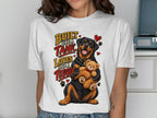 Rottweiler on white shirt holding teddy bear with text "Built Like A Tank Loves Like A Teddy".