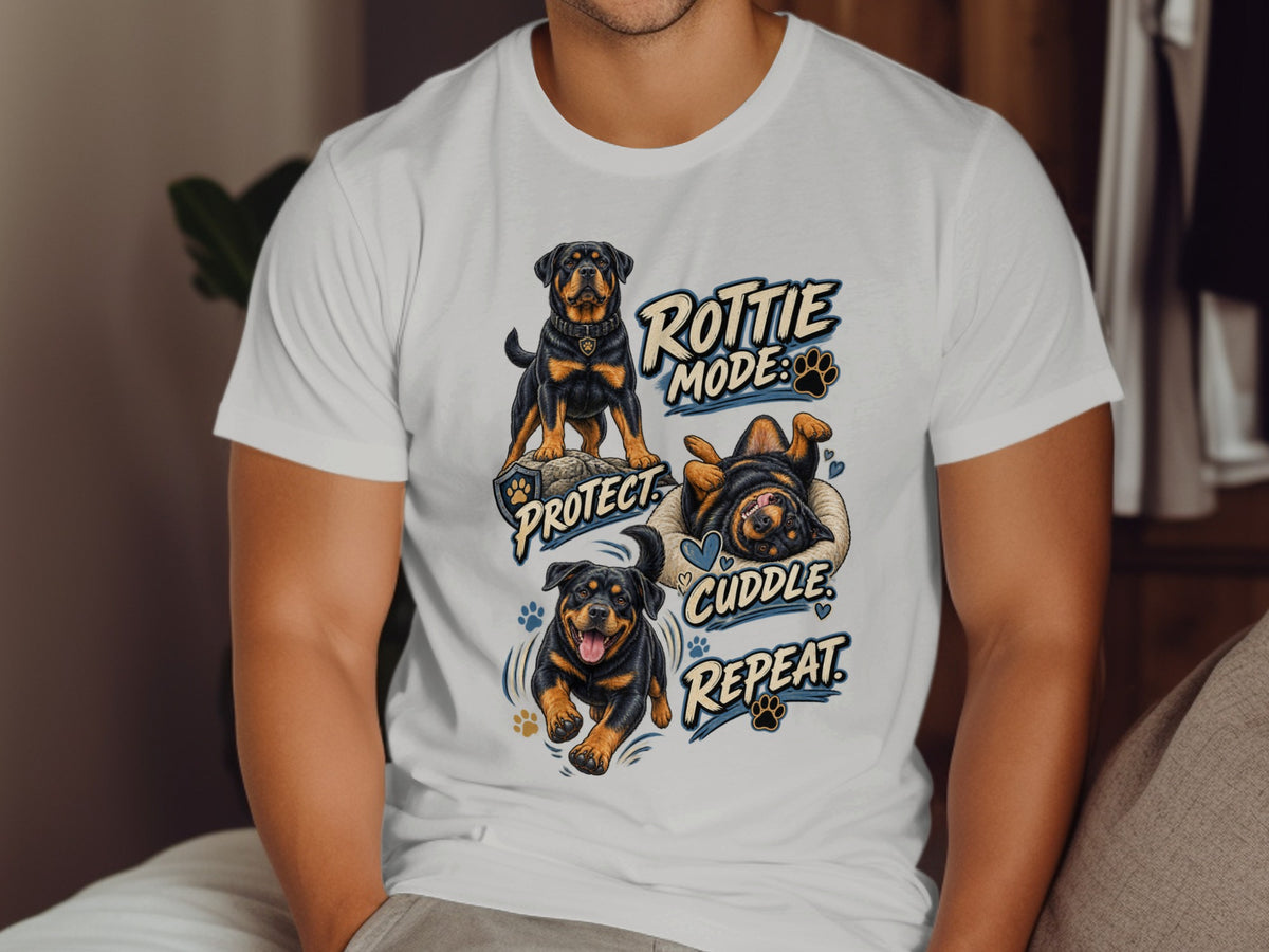 White t-shirt with Rottie Mode text and three Rottweilers: protect, cuddle, repeat.