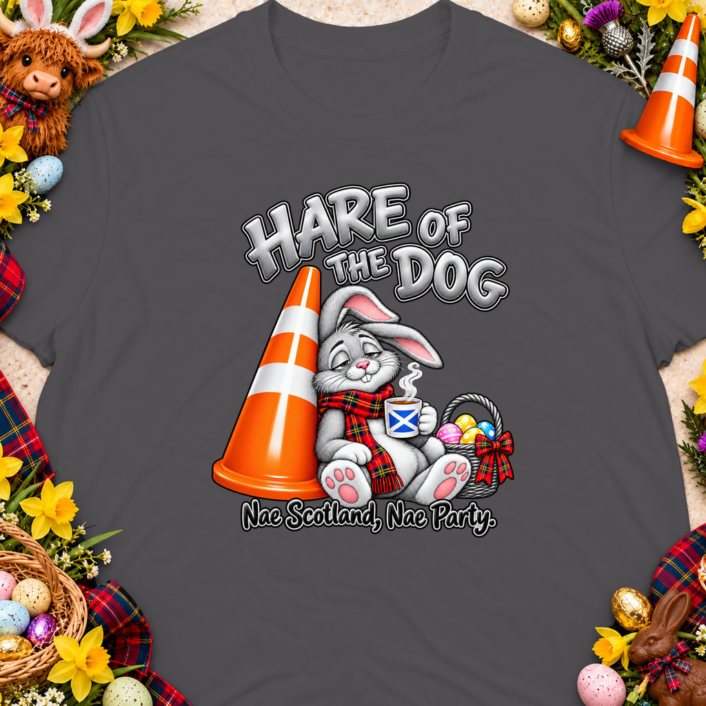Hare of the Dog graphic with a bunny, cone, Easter eggs, and Scottish text.