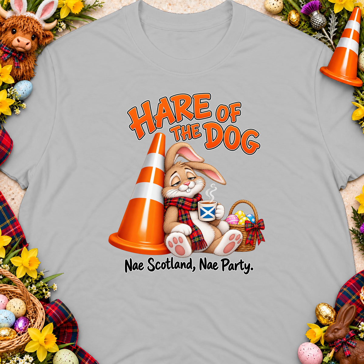 Hare of the Dog text with a cartoon rabbit, traffic cone, and Easter basket.