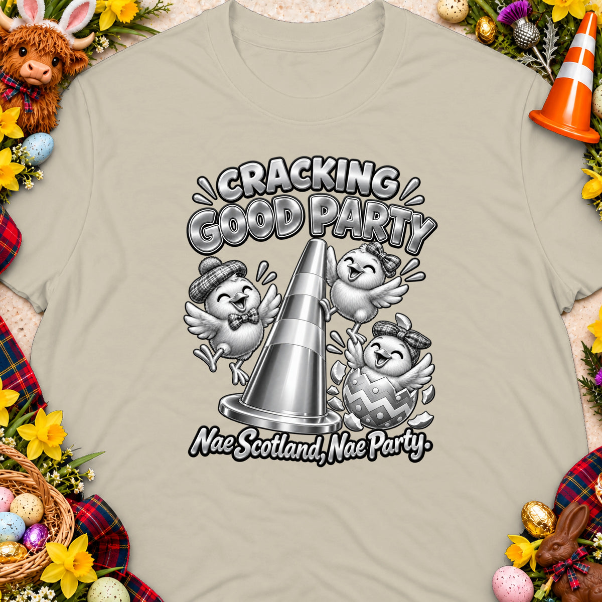 Three chicks celebrate around a traffic cone with text "Cracking Good Party" and "Nae Scotland, Nae Party".