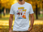 White t-shirt with "Bunny on the Run" graphic featuring a rabbit with Easter eggs and a traffic cone.