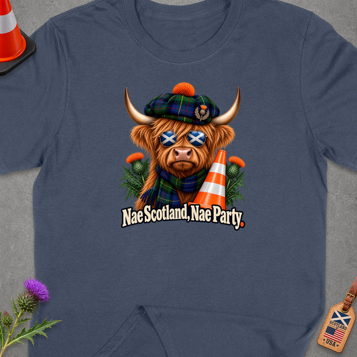 Highland cow in Scottish hat and sunglasses with "Nae Scotland, Nae Party" text.