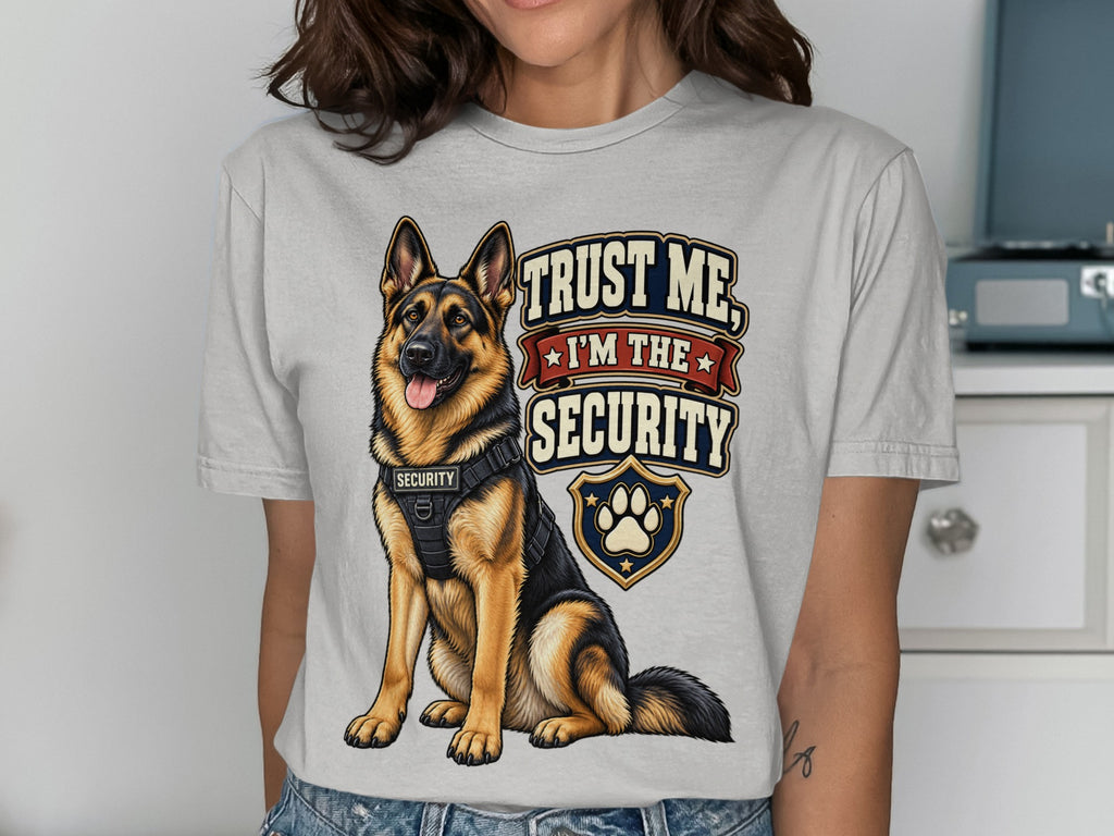 German Shepherd in security vest with text "Trust Me, I'm the Security"