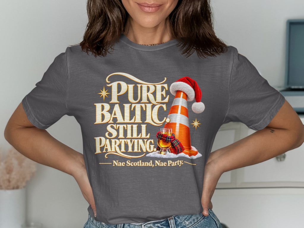 Grey t-shirt with "Pure Baltic Still Partying" and a traffic cone wearing a Santa hat.
