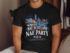 T-shirt with "Nae Scotland Nae Party Miami Edition" text and a Miami beach scene.