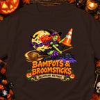 Witch with orange traffic cone on broomstick, text "Bampots & Broomsticks".