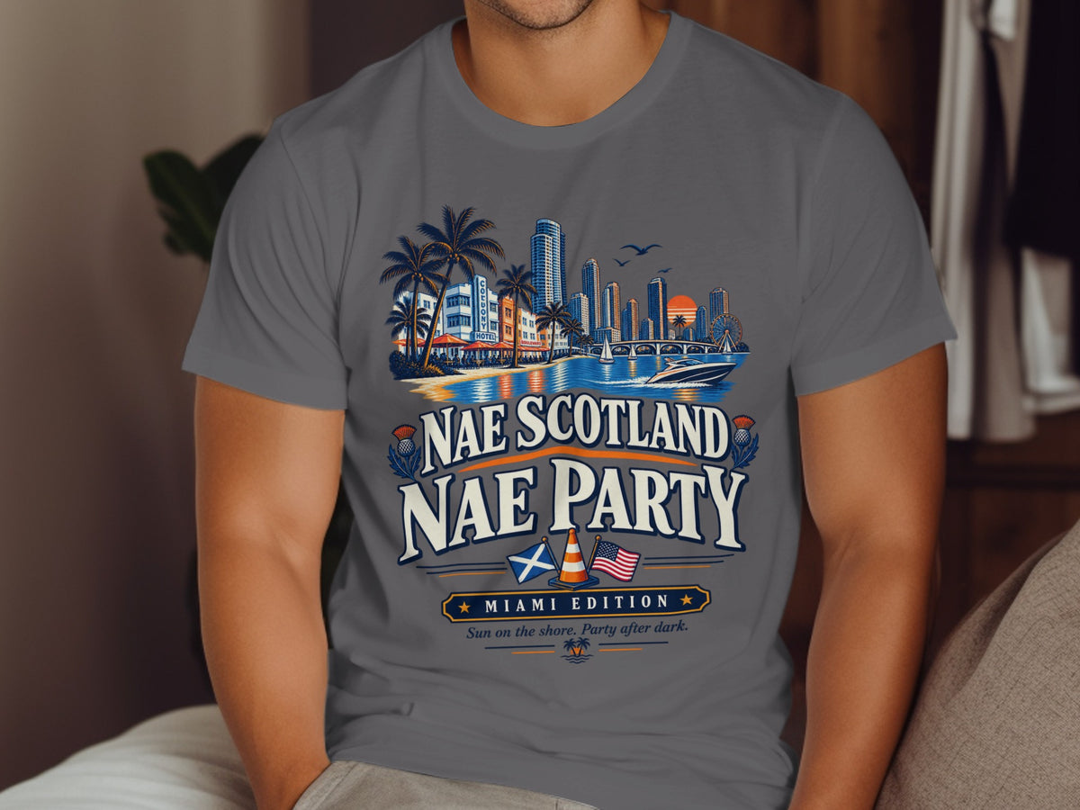 T-shirt with Miami skyline, palm trees, and text "Nae Scotland Nae Party Miami Edition".