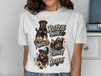 White t-shirt with Rottie Mode Protect Cuddle Repeat graphic featuring Rottweilers.