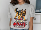 German Shepherd with ball and text "Fur Missile On Standby" on a light gray shirt.