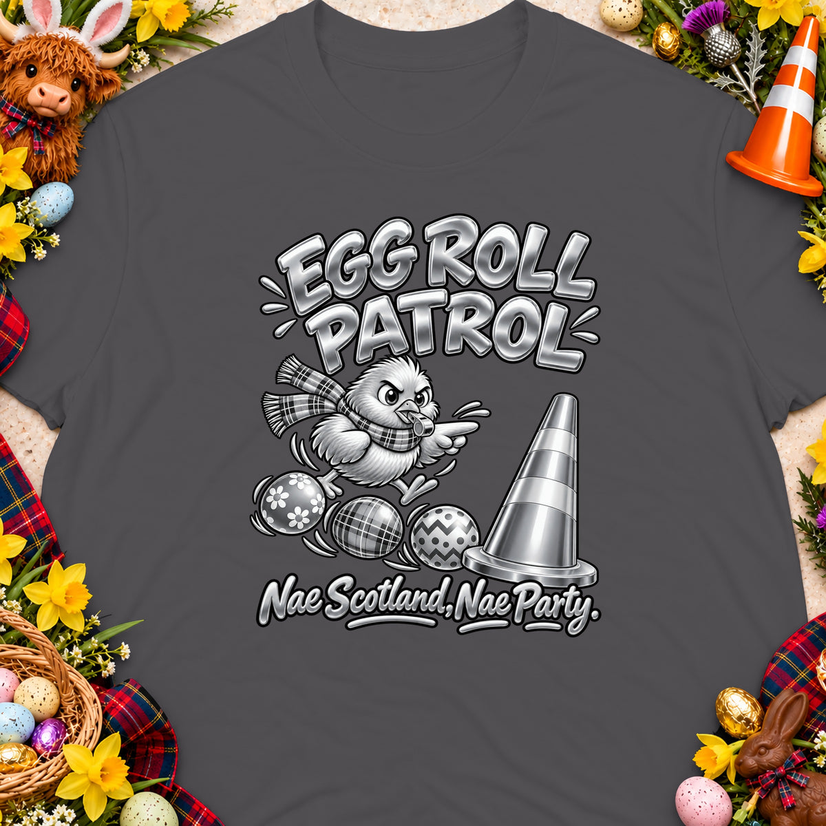 "Egg Roll Patrol" text with chick, traffic cone, and patterned eggs. "Nae Scotland, Nae Party." slogan.
