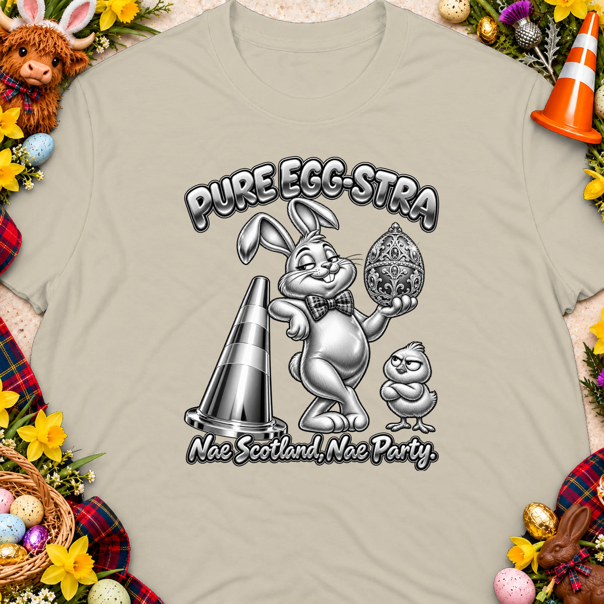 T-shirt with a rabbit, chick, traffic cone, and "Pure Egg-stra" text.