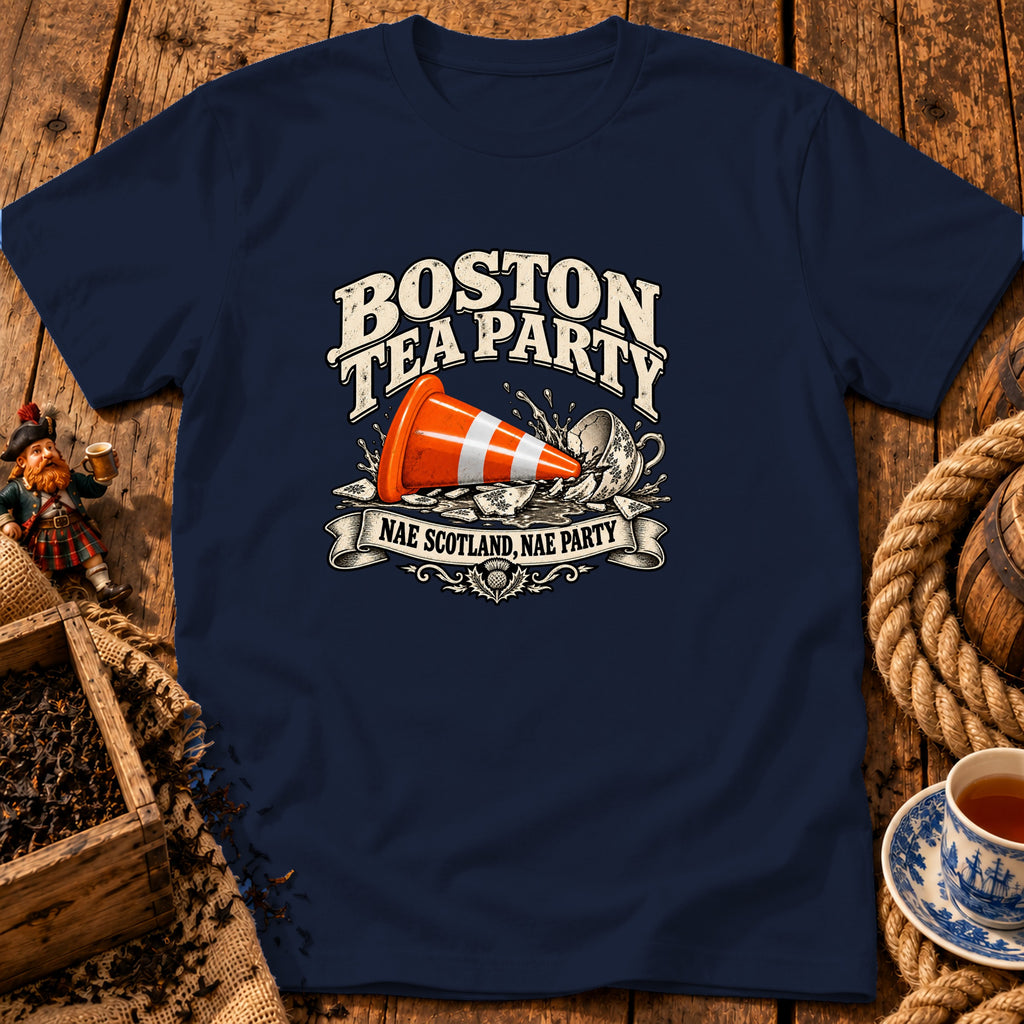 Navy t-shirt featuring graphic text Boston Tea Party with a traffic cone crashing into a teacup.