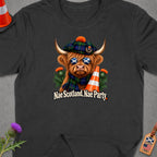 Highland cow wearing Scottish tartan hat, sunglasses, and scarf, with text "Nae Scotland, Nae Party".